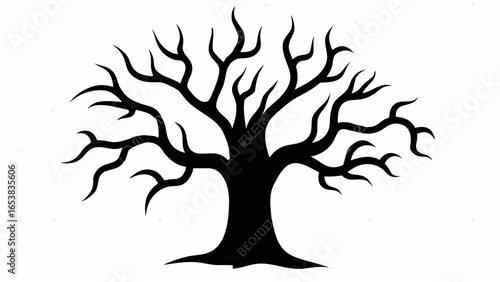 Silhouette of a bare tree with many branches extending upwards and outwards against a white background space