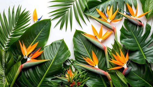 Fototapeta Naklejka Na Ścianę i Meble -  Tropical flowers and foliage arranged on white background