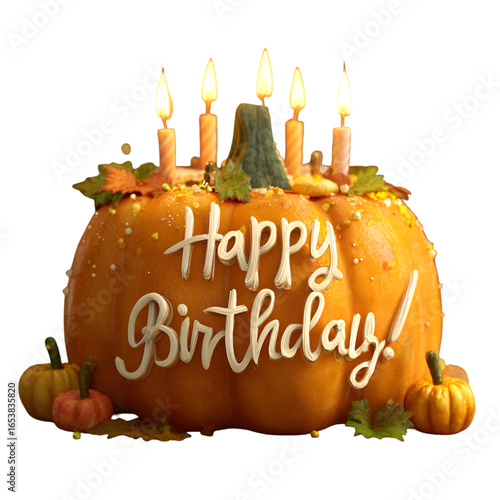 A pumpkin birthday cake with candles isolated on transparent background
