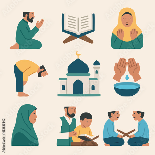 Flat illustration of Muslims praying, reading Quran, mosque, and worship activities.