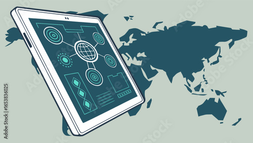 Global business network on tablet with world map for international communication and digital technology use