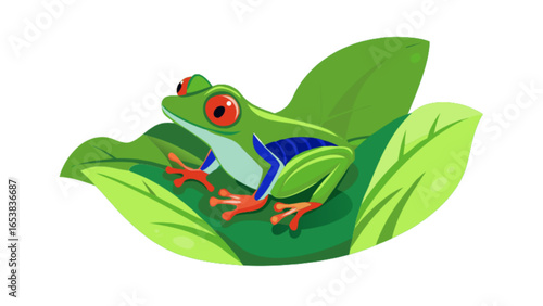 Red eyed tree frog illustration sitting on green leaf amphibian tropical rainforest wildlife animal drawing