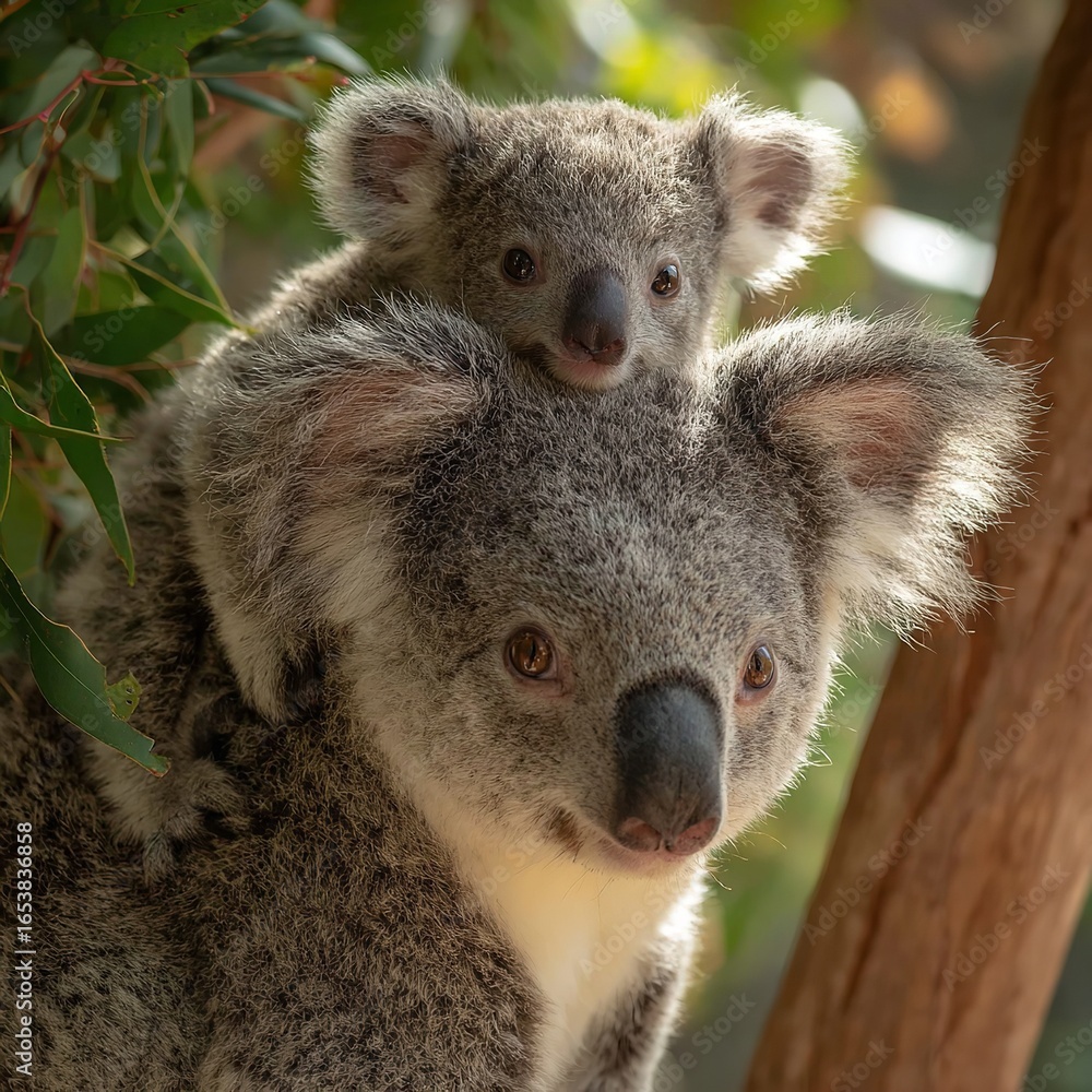 Fototapeta premium Adorable koala joey clings to mother's back while resting in a eucalyptus tree.
