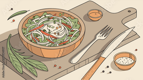 Delicious vegetable salad with fresh ingredients on a wooden board healthy food and eating concept