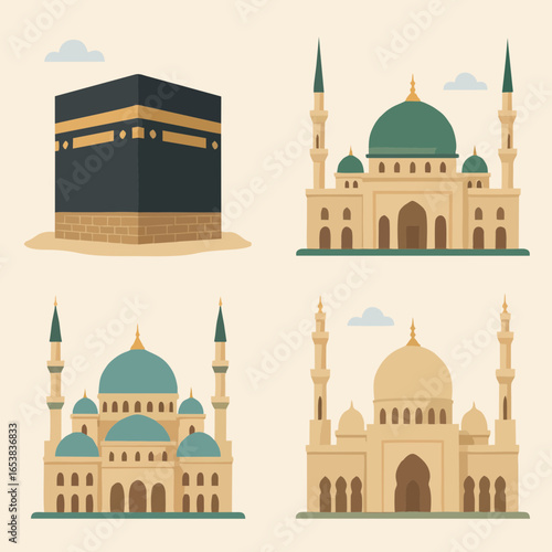 Flat design illustration of famous Islamic mosques including Kaaba and Medina.
