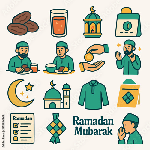 Flat design set of Ramadan icons including fasting, lantern, food, prayer, and Islamic lifestyle elements.

