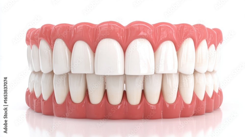 Obraz premium This dental model displays a complete set of upper and lower teeth, highlighting the alignment and structure of adult human dentition in a clean, clinical environment.