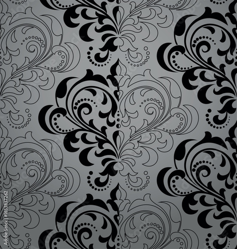 Wallpaper in the style of Baroque. Gray and black floral ornament. Seamless vector background. Graphic pattern for fabric, wallpaper, packaging. Ornate Damask flower illustration