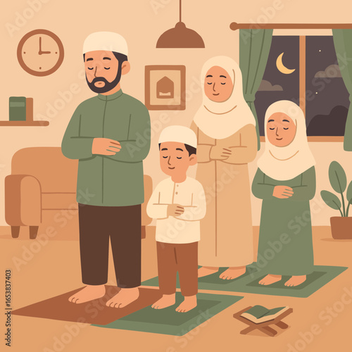 Illustration of Muslim family praying together at home during Ramadan. Perfect for Islamic lifestyle, faith, and worship themes.