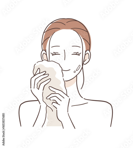 洗顔後にタオルで顔を拭く女性のイラスト素材