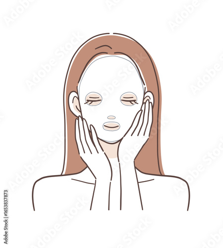 フェイスパックをつけて顔の保湿をしている女性のイラスト