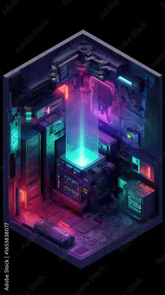 Fototapeta premium A stylized isometric render of a vibrant, colorful server room. A central glowing core emits a light beam upward, showing high energy usage