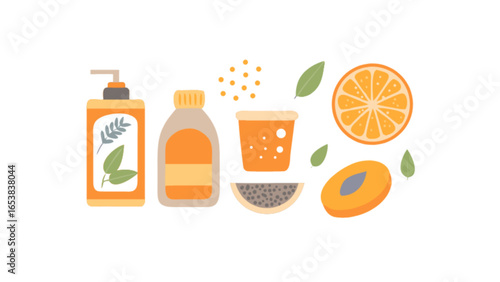 Natural beauty product skincare organic cosmetic orange fruit leaf herbal ingredient vector illustration
