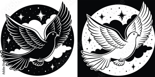 Elegant dove flying in a starry night sky bringing peace and hope, a symbol of freedom and spirituality