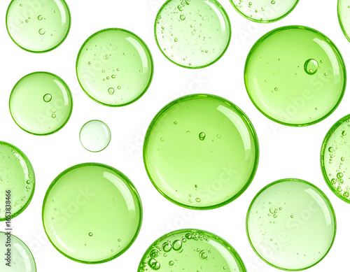 Firefly Macro style illustration of multiple round green liquid bubbles, natural organic oil  PNG
