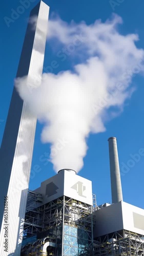 A majestic, ultra-modern clean energy power plant with a massive cooling tower emitting pristine white steam, beautifully illuminated by high-key daylight under a cerulean sky, revealing vast
