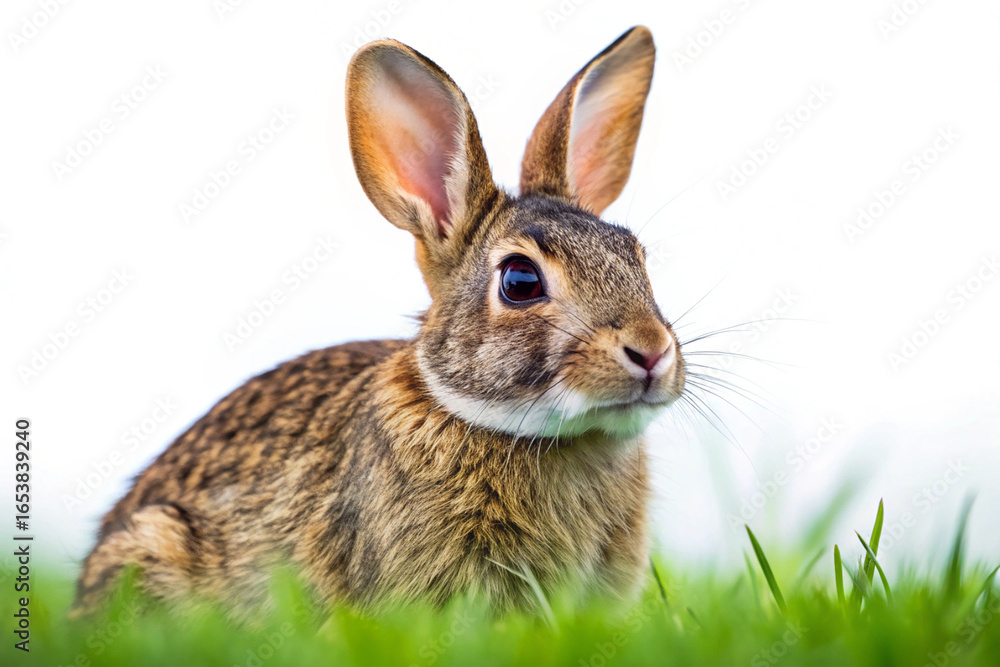 Fototapeta premium Close up portrait of a brown rabbit in green grass