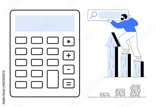 Large calculator, man climbing bars shaped thumbs up arrows, search bubble, coins stacked below. Ideal for finance, growth, calculation, success productivity investment planning. Simple flat