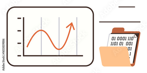 Rising line graph on a display paired with a folder containing binary code on a clipboard. Ideal for data analysis, statistics, technology, business growth, programming, digital records, coding