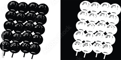 Delicious dango dessert with sweet sauce ready to enjoy in Japan against black and white background