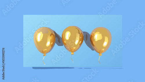 Three gold balloons on blue background party celebration decoration helium balloon birthday celebration design