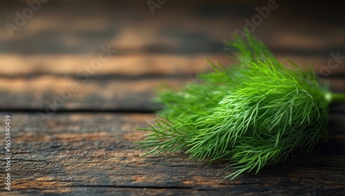 Fresh dill sprigs on a rustic wooden table