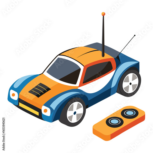Colorful radio-controlled sports car toy with its remote controller isolated on a pure white background