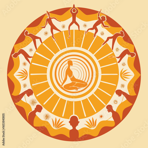 Artistic illustration of yoga poses forming a circular design with a central meditation symbol
