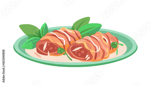 Delicious meat rolls recipe with basil leaves on plate for food blog and cooking website design vector