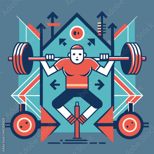 Athlete performing squat with barbell in geometric composition depicting strength and determination