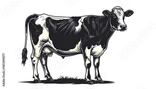 Detailed Monochrome Illustration of a Holstein Dairy Cow Standing Isolated on White Background