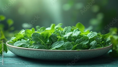 Fresh, vibrant green leafy greens on a plate, bathed in soft light