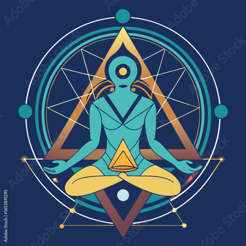 Geometric meditation pose illustration representing spiritual enlightenment and inner peace with elegant designs.
