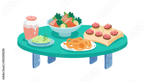 Delicious food arrangement on table with salad, appetizers, and drink for culinary presentation and enjoyment