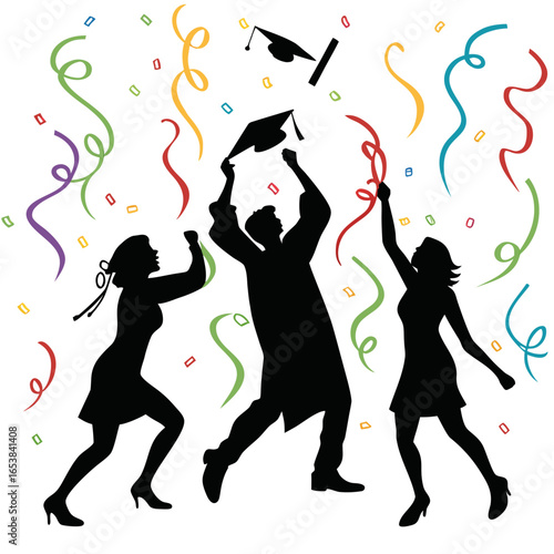 Celebratory silhouettes tossing graduation caps celebration