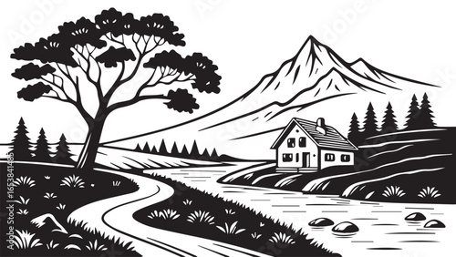 A black and white sketch shows a house by a river with mountains in the background, framed by trees.
