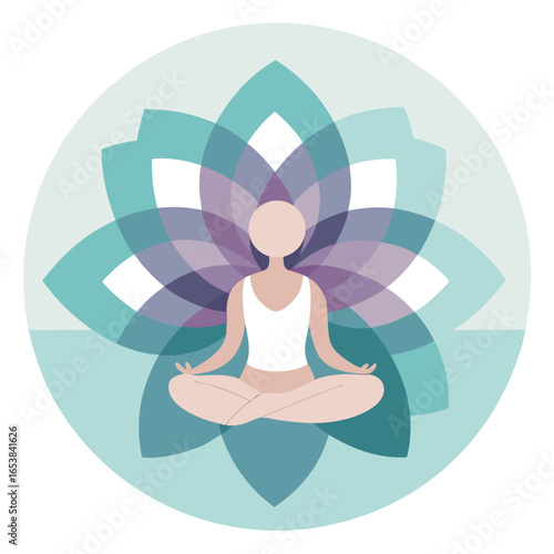 Meditative figure in lotus position with lotus flower symbolizing peace and mindfulness