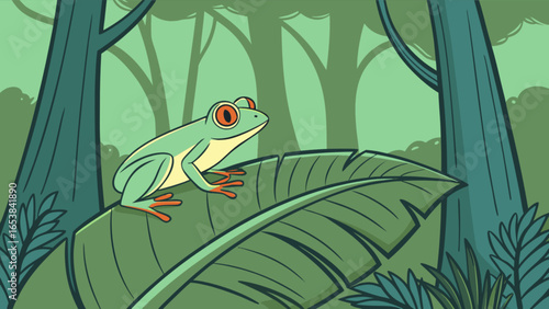 Red eyed tree frog illustration on leaf in jungle forest vector graphic design nature amphibian wildlife art