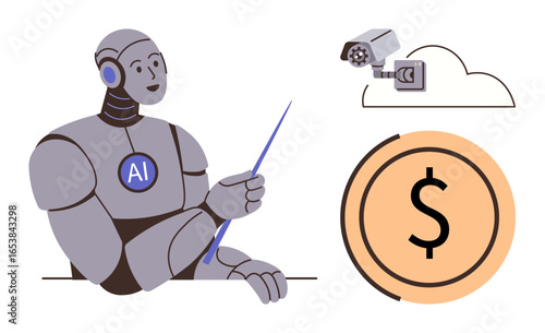 AI-powered robot with pointer, cloud-based surveillance camera, and dollar symbol. Ideal for AI, technology, finance, cloud computing, security automation innovation. Simplistic flat metaphor