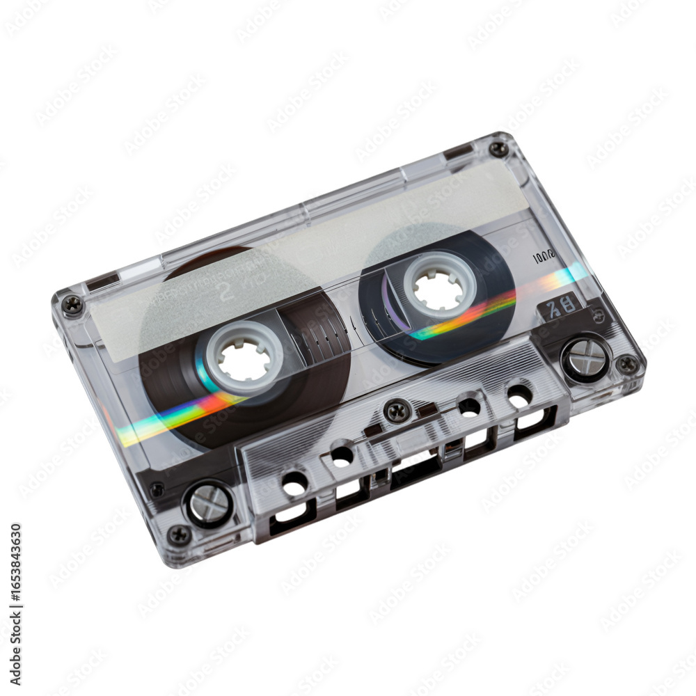 Obraz premium A clear audio cassette tape with visible spools and screws on a black background isolated object