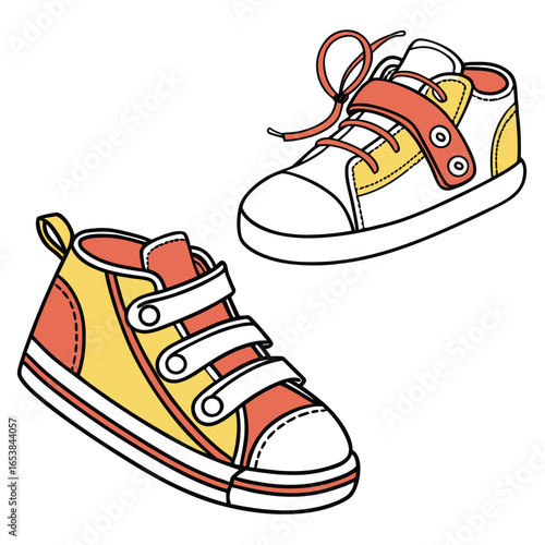 Colorful high-top toddler sneakers with velcro straps and laces, isolated vector illustration