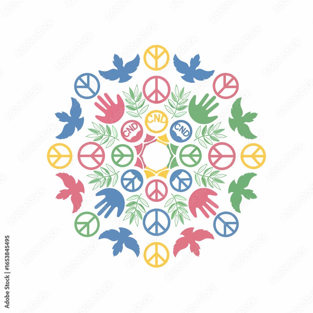 Fototapeta premium Symmetrical mandala design with colorful peace signs, doves, hands, and olive branches.