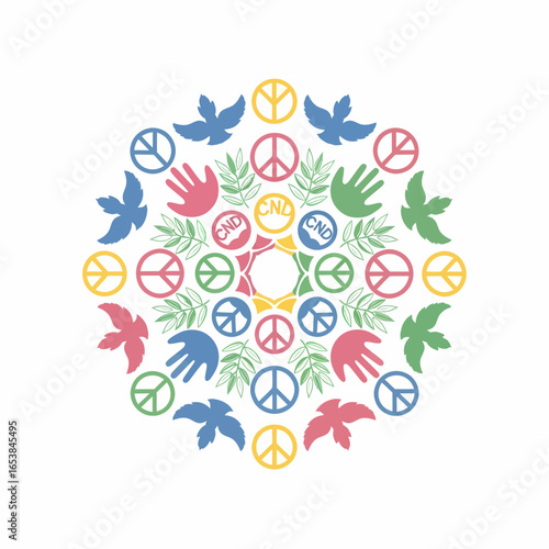 Symmetrical mandala design with colorful peace signs, doves, hands, and olive branches.