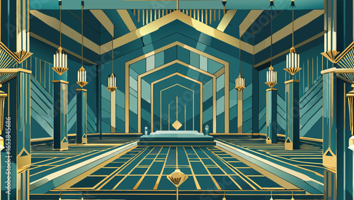 Elegant art deco ballroom interior bathed in light