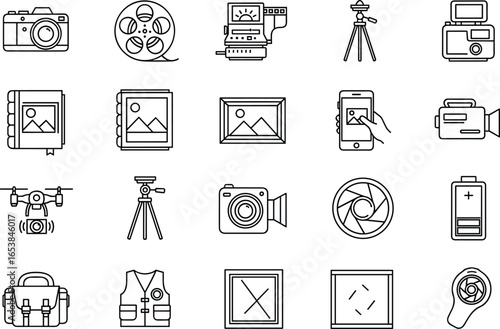 Photography and videography icon set including camera, film reel, drone, tripod, photo frame, editing app, camcorder, battery, lens, accessories