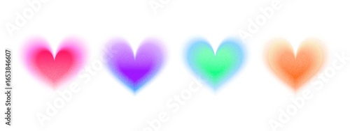 Set of vector abstract heart shapes with gradient and blur effects in blue, purple, pink, green, and orange tones for modern graphic or retro design in the Y2K style.
