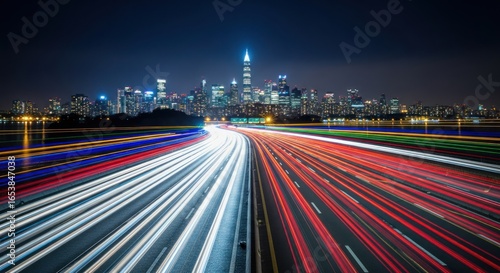 Illuminated cityscape skyline captured in a mesmerizing long exposure nightscape showing dynamic