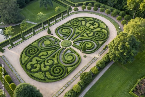 Formal garden, topiary design, manicured hedges, intricate patterns, landscape architecture, symmetrical, aerial view.