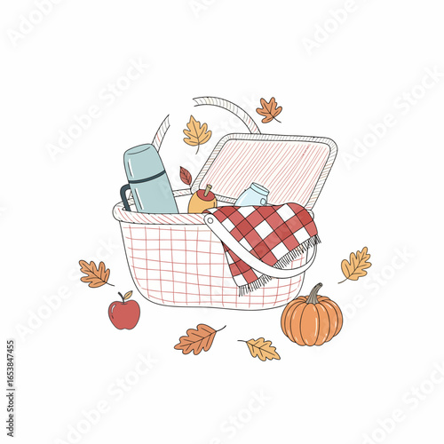 Autumn picnic basket illustration with a thermos, checkered blanket, pumpkin, and leaves.