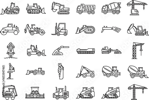 Construction machinery line icons including bulldozer, excavator, dump truck, cement mixer, forklift, crane, road roller, loader, grader, drilling machine, paver, scraper, skid steer